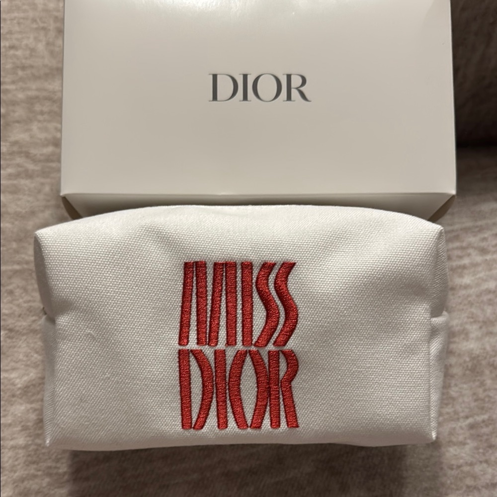 Dior White and Red Cosmetic Bag with Bold Logo